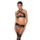 Сітчастий набір AMANDA SET XXL/XXXL, Black, бюстгальтер з халтером, трусики та пояс для панчох