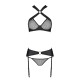 Сітчастий набір AMANDA SET XXL/XXXL, Black, бюстгальтер з халтером, трусики та пояс для панчох