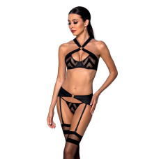 Сітчастий набір з візерунком Passion HIMA SET L/XL, Black, бюстгальтер, трусики, пояс для панчіх