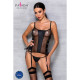 Сітчастий корсет з люверсами та знімними пажами Passion MALWIA CORSET black, екошкіра, стрінги