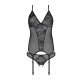 Корсет із пажами Passion URSULA CORSET L/XL, Black, трусики з ажурним декором та відкритим кроком