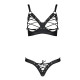 Комплект з екошкіри Passion CELINE BIKINI S/M black відкритий бра зі стрічками, стрінги зі шнурівкою