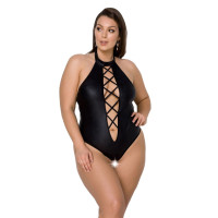 Боді з екошкіри Passion NANCY BODY black, з імітацією шнурівки та відкритим доступом
