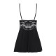 Сатиновий пеньюар з мереживом Obsessive 810-BAB-1 babydoll & thong L/XL, чорний, пеньюар, танга
