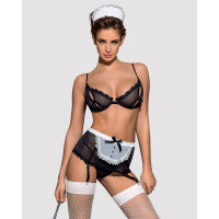 Еротичний костюм покоївки Obsessive Maidme set 5pcs, бюстгальтер, пояс з фартухом, панчохи