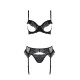 Комплект Passion KERRIA SET WITH OPEN BRA black, L/XL, бюстгальтер з відкритою чашкою, стрінги, пояс для панчіх