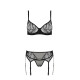 Комплект Passion LEAFA SET black S/M, мереживо+сітка, бюстгальтер на кісточках, стрінги, пояс для панчіх