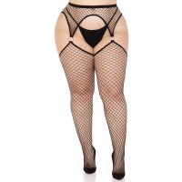 Панчохи Leg Avenue Stokings with O-ring Attached Garter Belt, 1X/2X, чорні, у сітку, імітація пояса