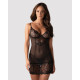 Сорочка Obsessive Alluria chemise & thong, L/XL, чорна, мереживо+мікросітка, стрінги в комплекті