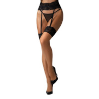 Панчохи Obsessive Nutris stockings, тілесні, з чорним мереживом, під пояс