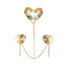 Пестис-сердечка з пензликами та чокером JSY Nipple Sticker RT236114 Golden
